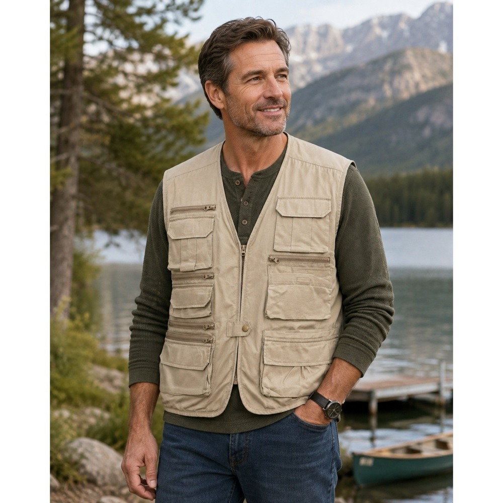 Woolrich Khaki Utility Fishing Safari Vest Size Large 100% Cotton Multi-Pocket